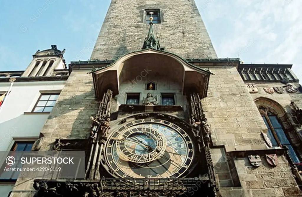 Astronomical clock, also known as Prague Orloj, on town hall tower, Staromestska Radnice, Prague, Czech Republic