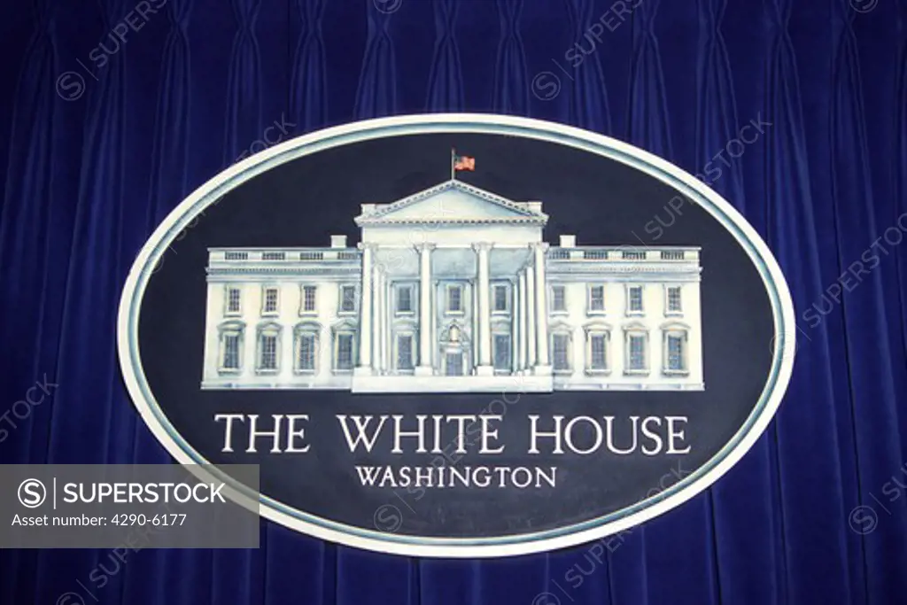 White house sign and logo, Press Room, The White House, Pennsylvania Avenue, Washington, DC, USA