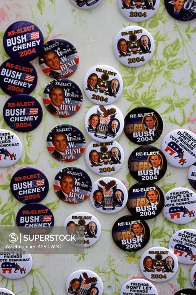 President George W Bush and Dick Cheney election badges, 2004, Washington, DC, USA