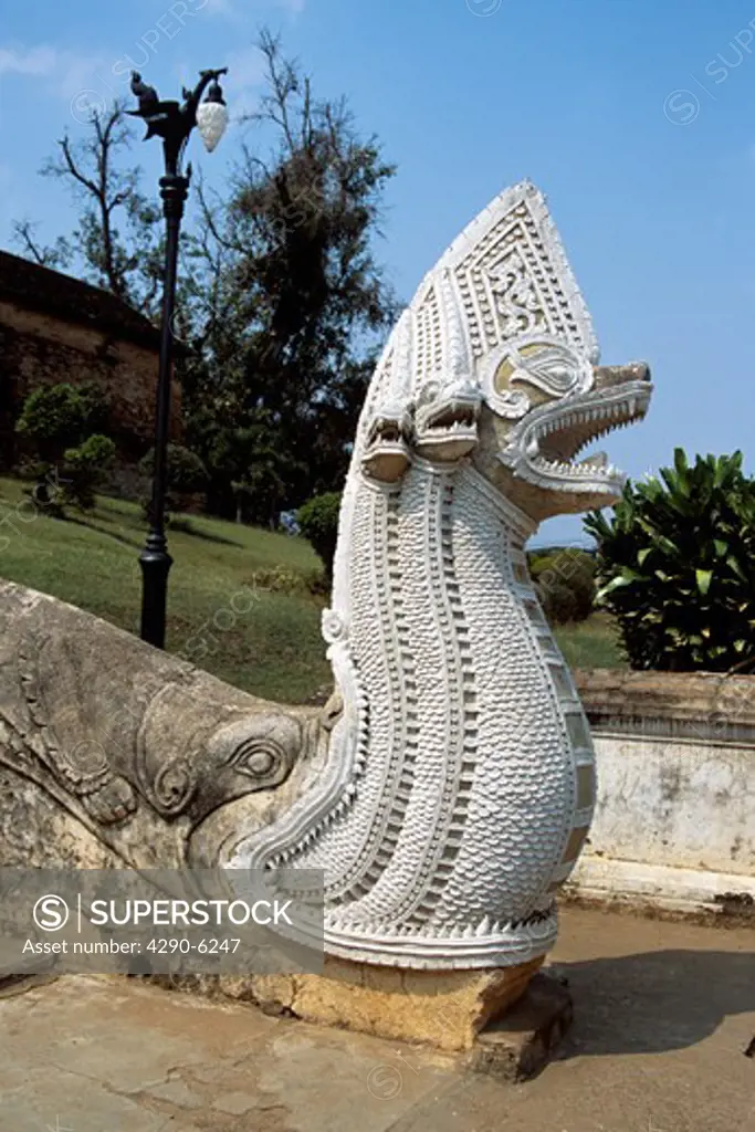 Mythical animal head statue, Wat Phra That Lampang Luang Temple, Lampang, Lampang Province, Northern Thailand