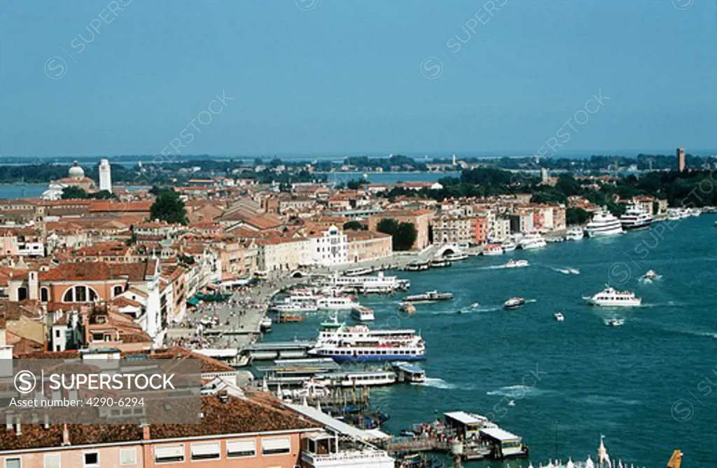 View of Venetian waterfront from the Campanile, Venice, Italy