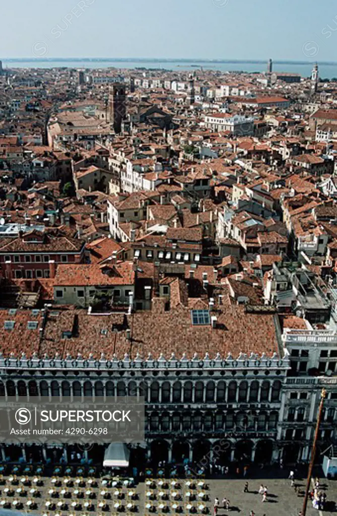 View of Venetian buildings and Saint Marks Square, from the Campanile, Venice, Italy
