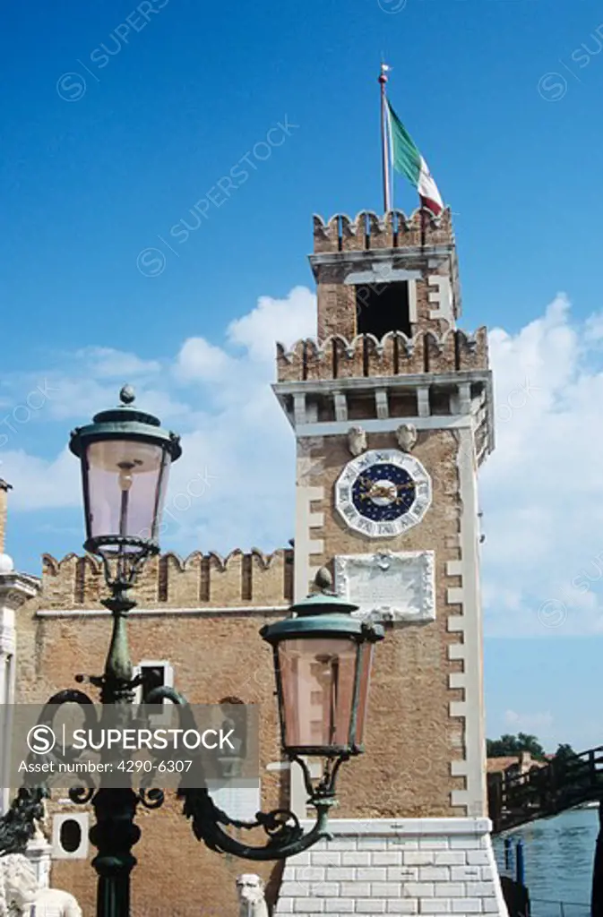 One of the clock towers, Porta Magna, The Venetian Arsenal, Arsenale di Venezia, Venice, Italy