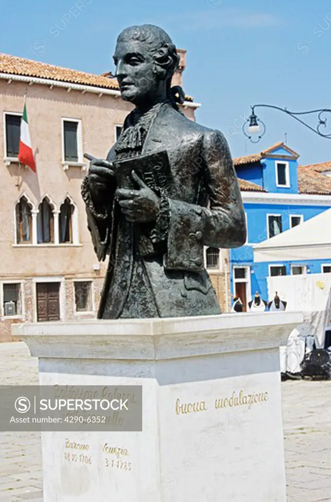 Statue of Baldassare Galuppi in town square, on the island of Burano, Venice, Italy