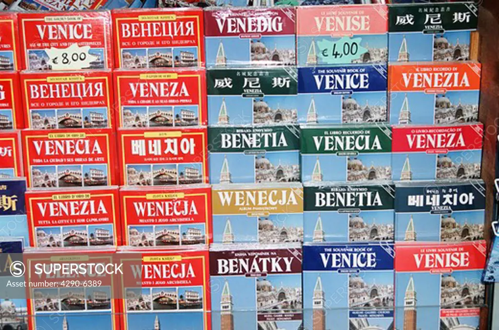 Venice travel guide books for sale outside gift shop, Venice, Italy