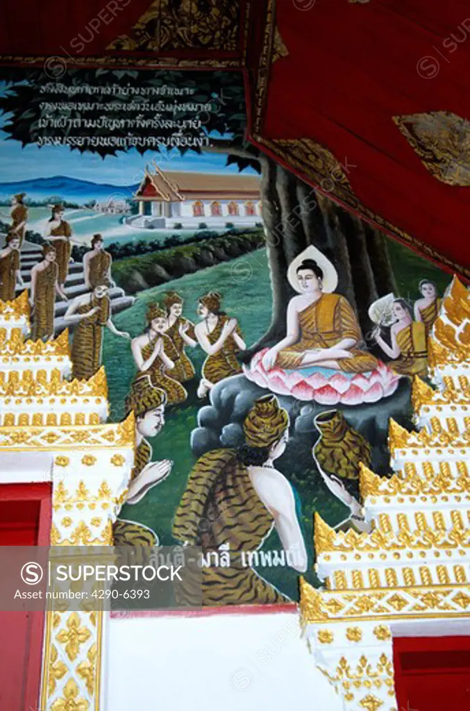External mural, Wat Phra That Haripunchai Temple, Lamphun, Near Chiang Mai, Northern Thailand