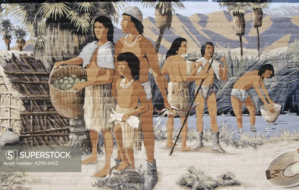 Painting of Indian family on wall of building, Twenty Nine Palms, San Bernardino County, California, USA