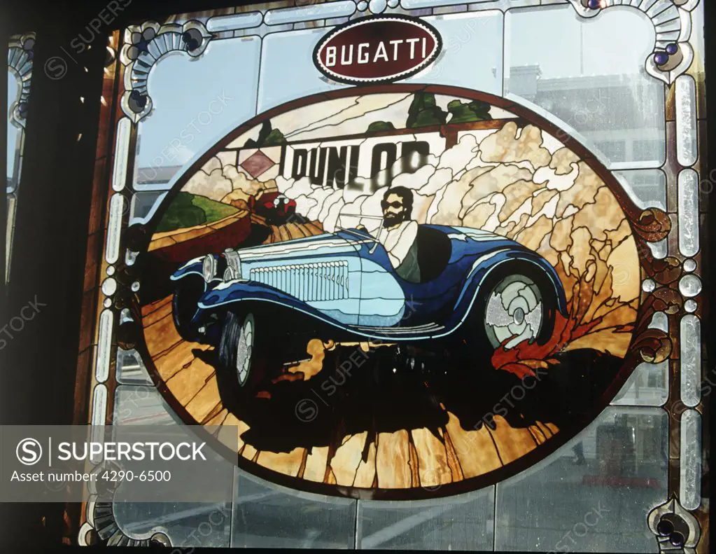 Bugatti car stained glass window, California, USA