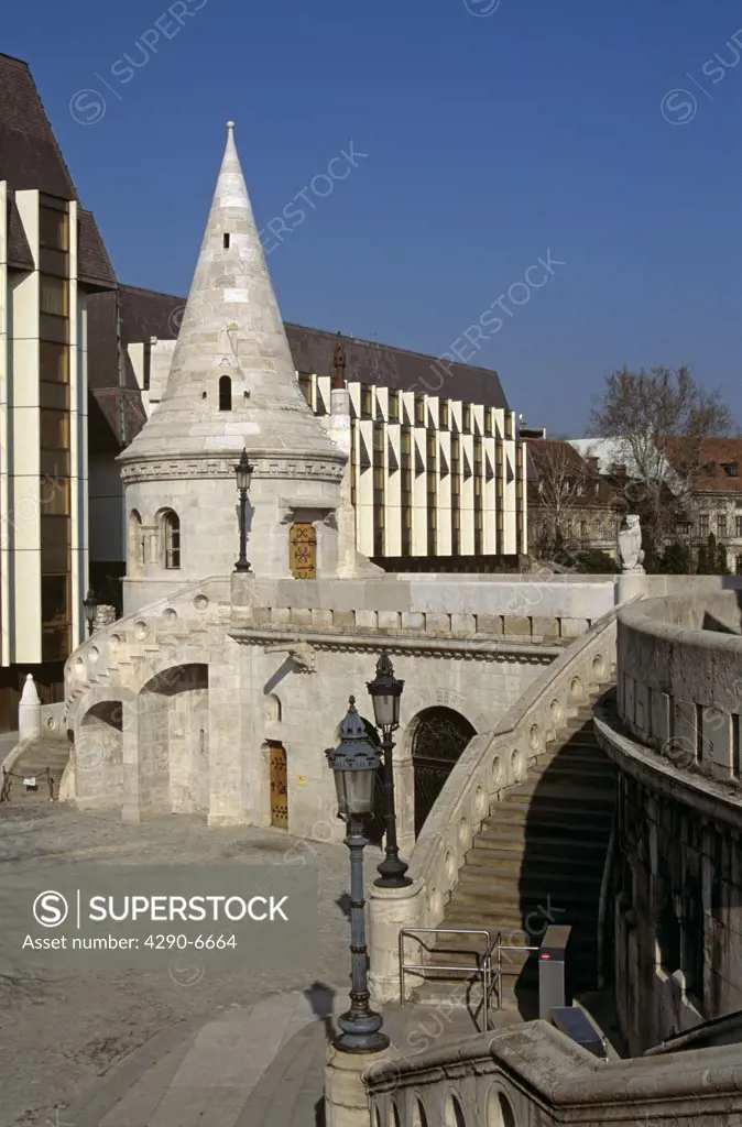 Fishermens Bastion and Hilton Hotel, Trinity Square, Castle Hill District, Budapest, Hungary