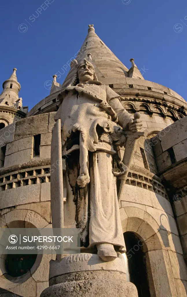 Fishermens Bastion, Saint Stephens (Szent Istvan) statue, Trinity Square, Castle Hill District, Budapest, Hungary