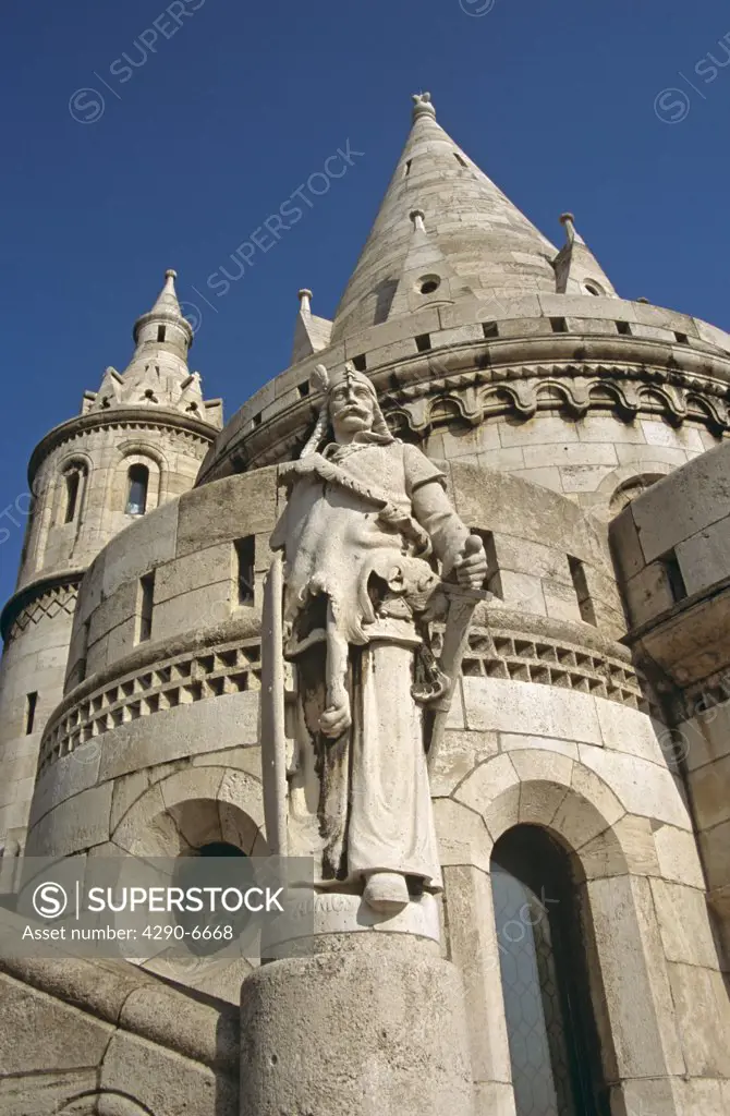 Fishermens Bastion, Saint Stephens (Szent Istvan) statue, Trinity Square, Castle Hill District, Budapest, Hungary