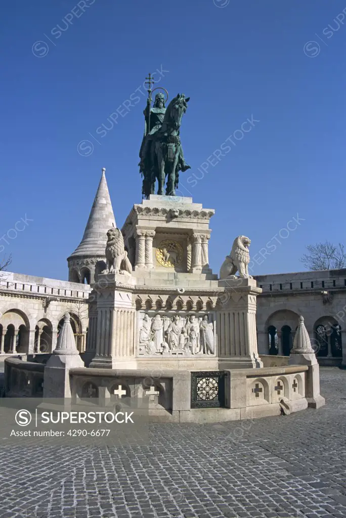 Fishermens Bastion and Saint Stephens (Szent Istvan) equestrian statue, Trinity Square, Castle Hill, Budapest, Hungary
