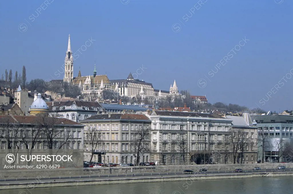View across River Danube, Matyas Church, Hilton Hotel and Fishermens Bastion, Castle Hill District, Budapest, Hungary