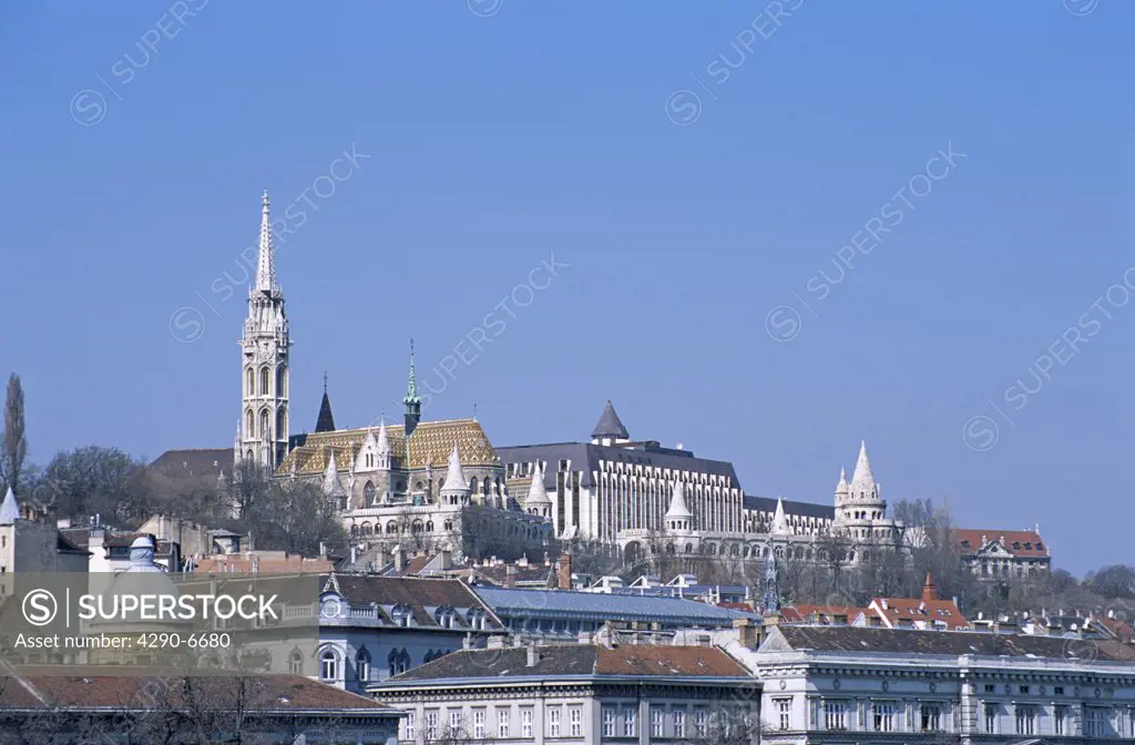 View of Matyas Church, Hilton Hotel and Fishermens Bastion, Castle Hill District, Budapest, Hungary