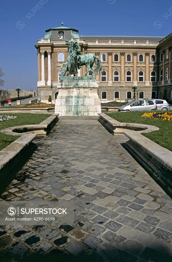 Castle and Palace complex, Saint Georges Square (outer courtyard), Castle Hill District, Budapest, Hungary. Equestrian statue