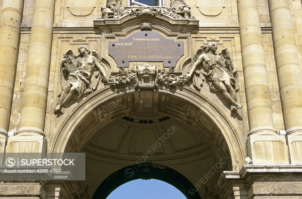 Castle and Palace complex, inner courtyard, Castle Hill District, Budapest, Hungary. Arch detail