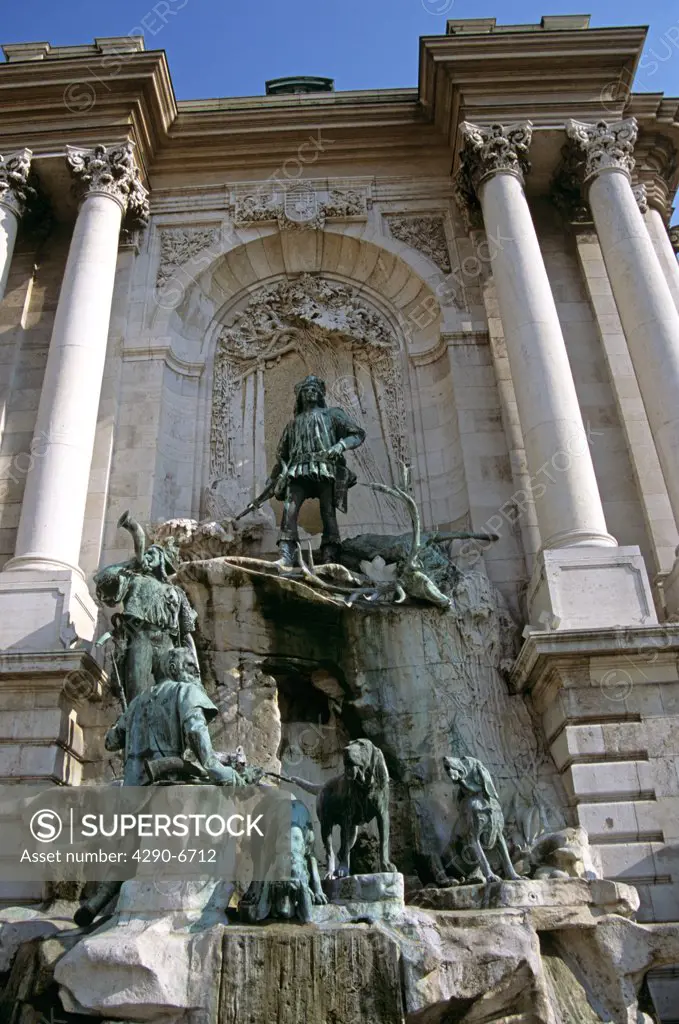 Castle and Palace complex, Saint Georges Square, Castle Hill District, Budapest, Hungary. King Matyas (Matthias) Fountain