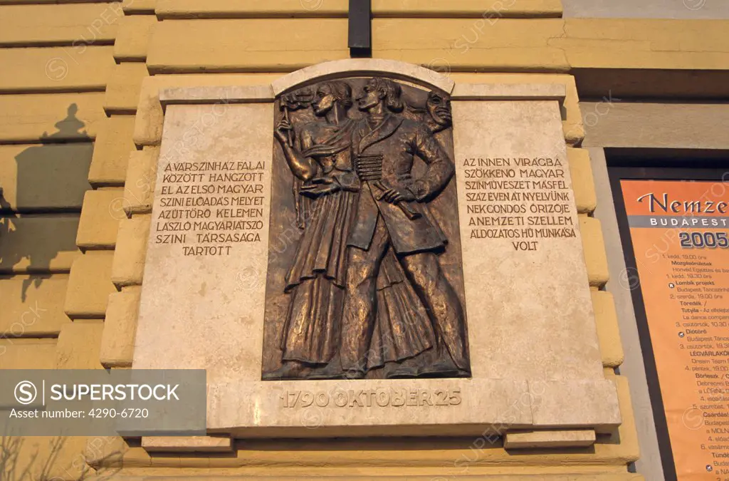 Wall plaque, Varszinhaz building, Nemzeti Tancszinhaz housing National Dance Theatre, Castle Hill District, Budapest, Hungary
