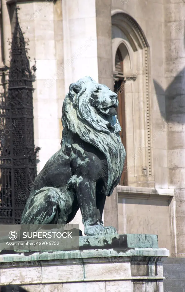 Parliament building, Budapest, Hungary. Lion statue at entrance