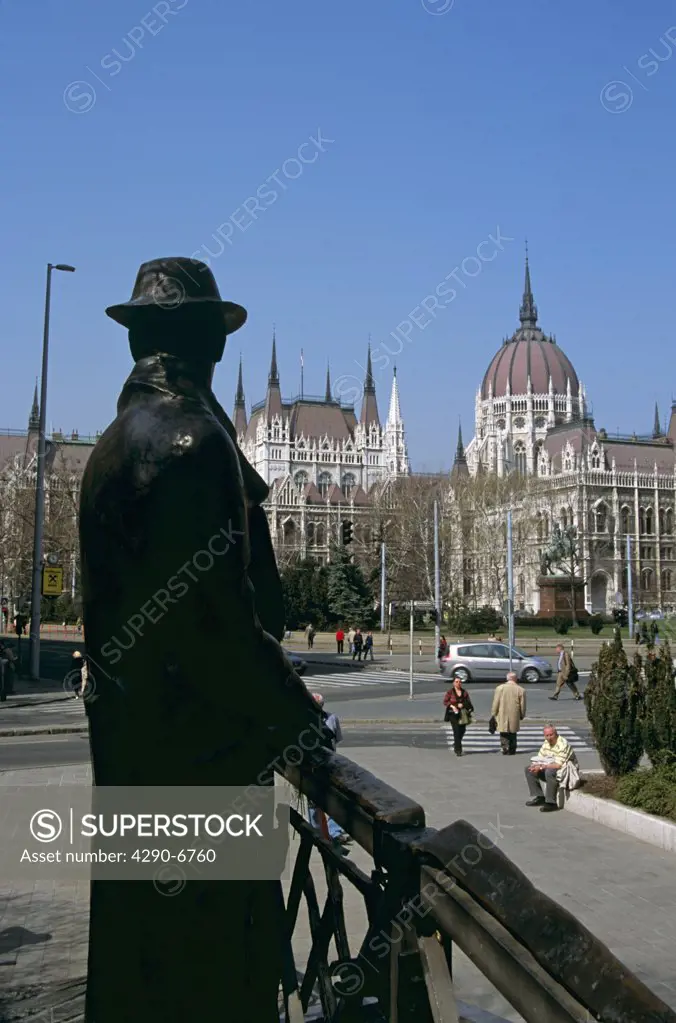 Imre Vargas statue of Imre Nagy, Witness in blood, and Parliament building, Budapest, Hungary