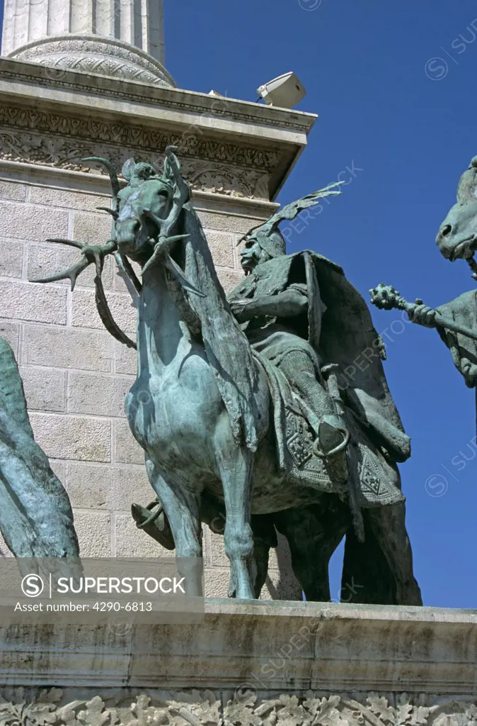 Millennium Monument, Heroes Square, Budapest, Hungary. Tribal chieftain at base of monument