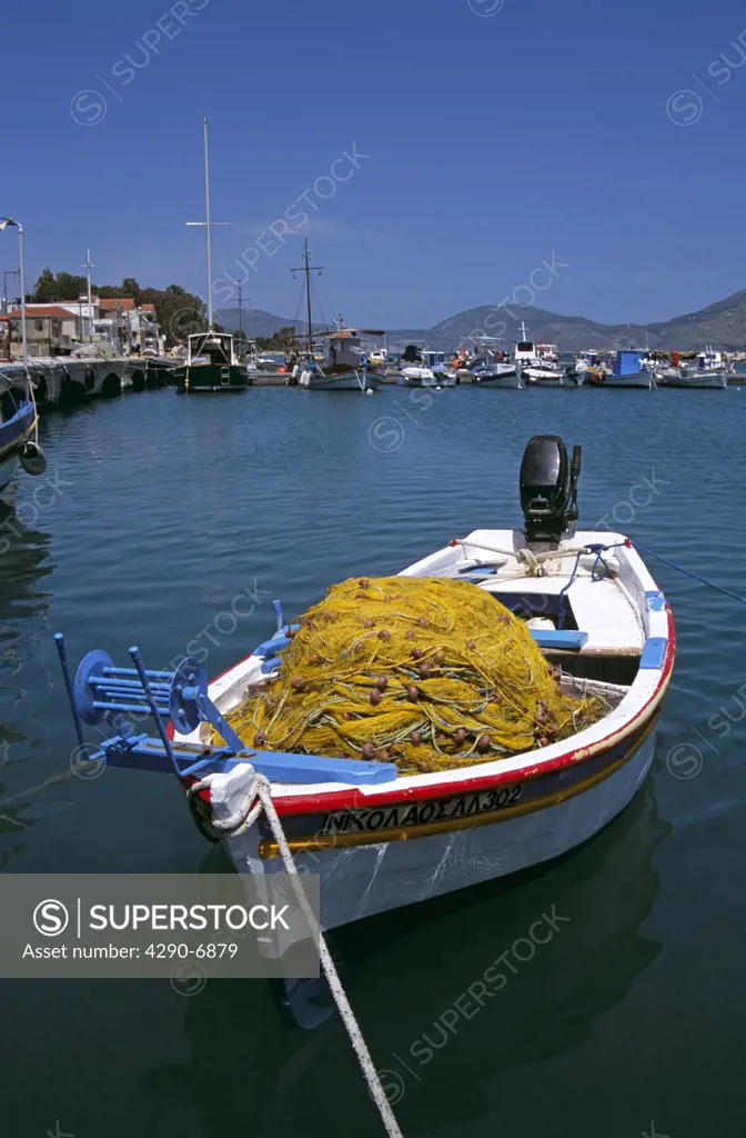 Fishing boat and nets, Lixouri Harbour, Lixouri, Kefalonia, Greece
