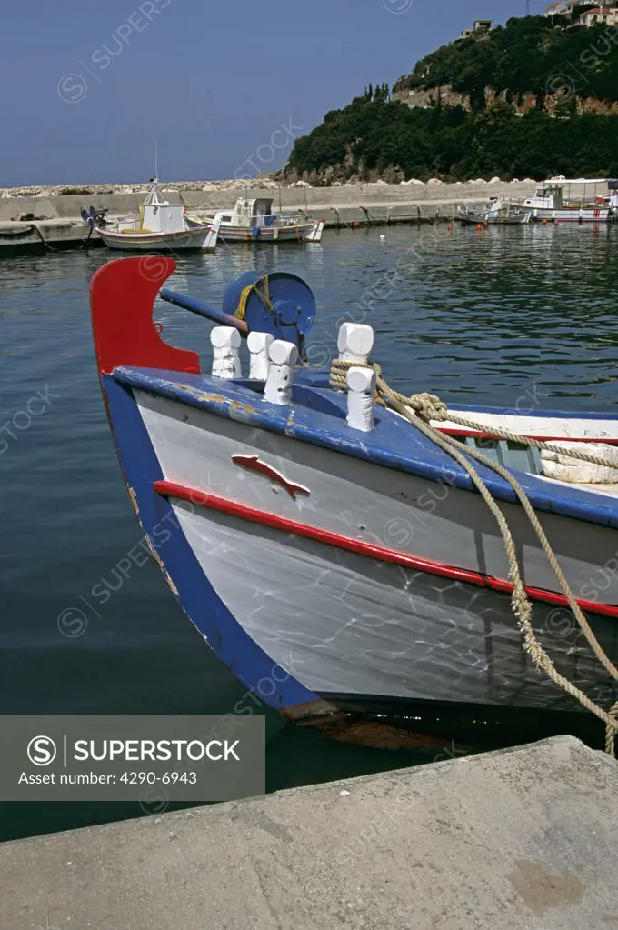 Bow of white fishing boat, Poros Harbour, Poros, Kefalonia, Greece