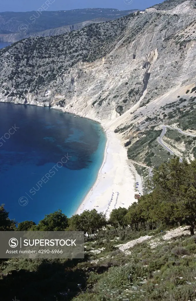Myrtos (Mirtos) Beach, from cliff top, Myrtos, Kefalonia, Greece