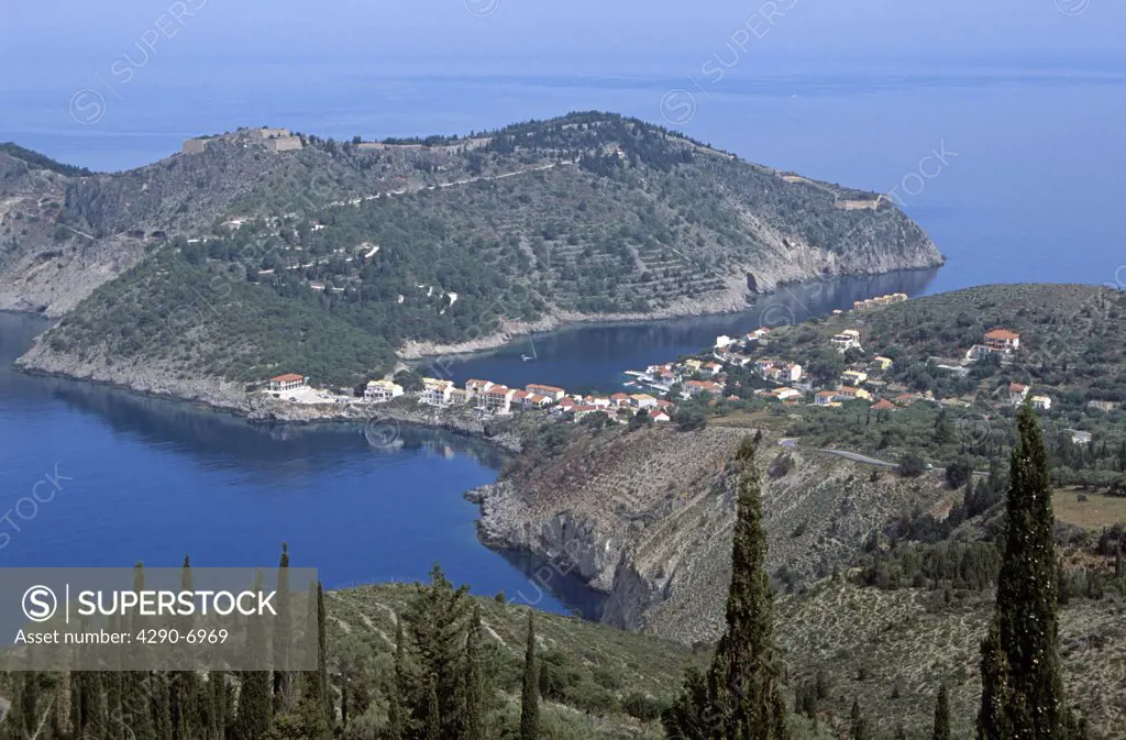 Looking down onto Assos peninsula from cliff top, Kefalonia, Greece