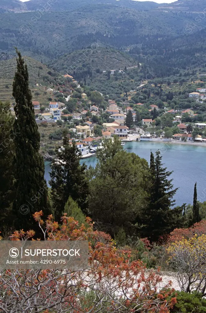 Looking down onto Assos from cliff top, Kefalonia, Greece