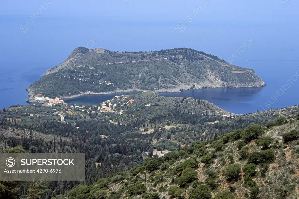 Looking down onto Assos peninsula from cliff top, Kefalonia, Greece