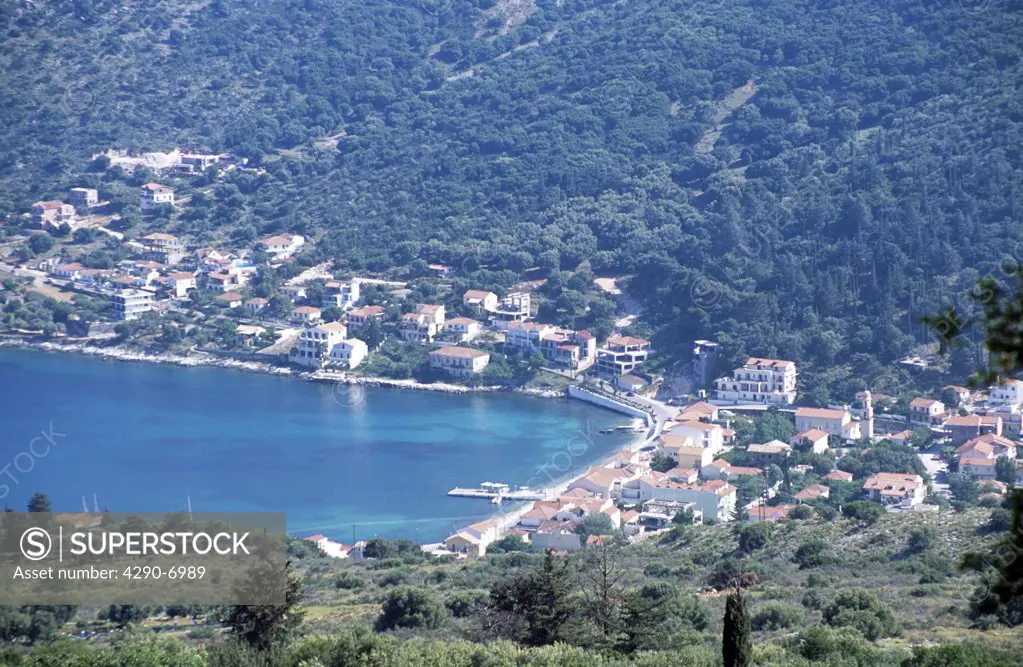 Looking down onto town of Agia Efimia from hillside, Kefalonia, Greece
