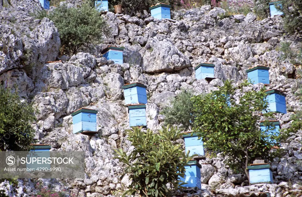 Blue beehives on side of cliff, Kefalonia, Greece