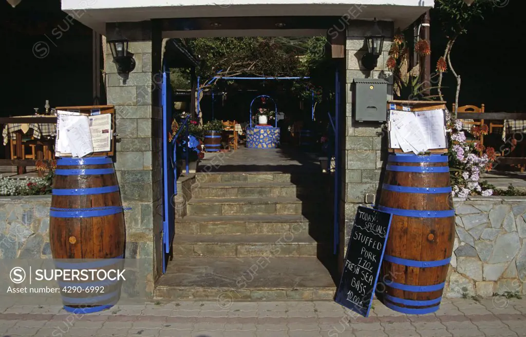 Restaurant entrance, barrels, steps, Lassi, Kefalonia, Greece
