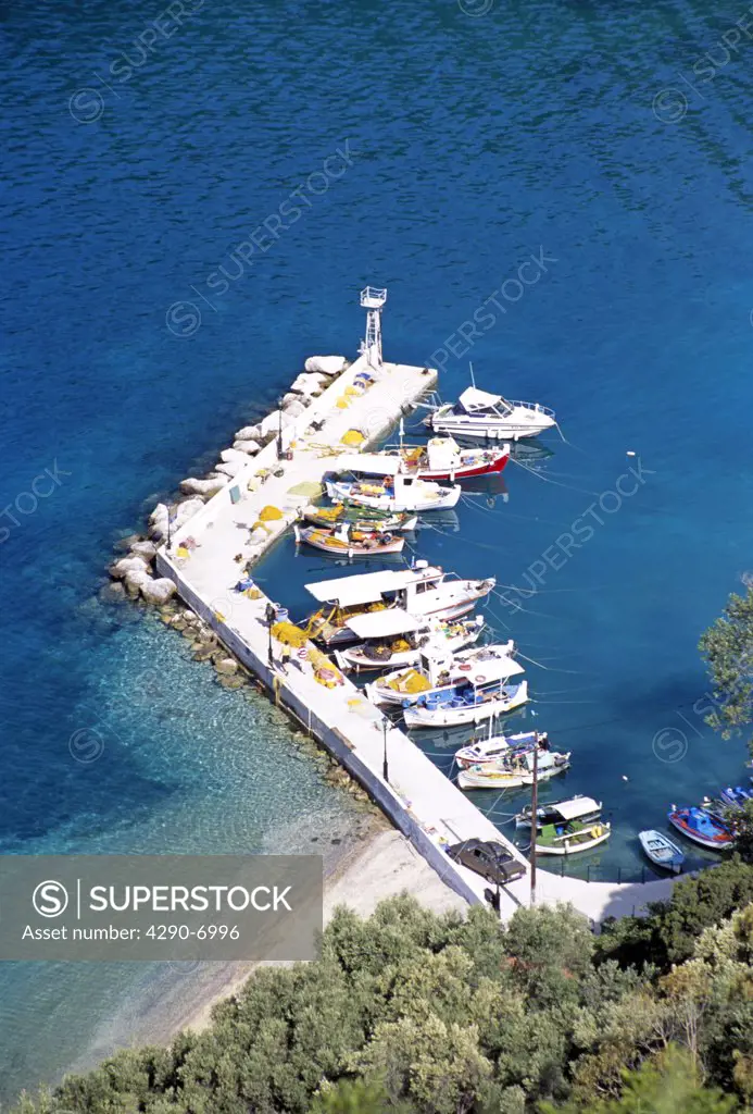 Fishing boats moored in harbour, Polis Bay, Ithaca, Greece