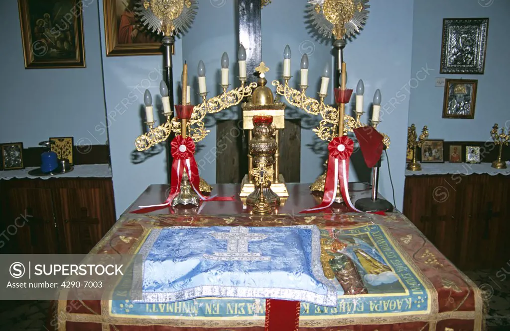 Sotiris Church, items on table inside the church, Stavros, Ithaca, Greece