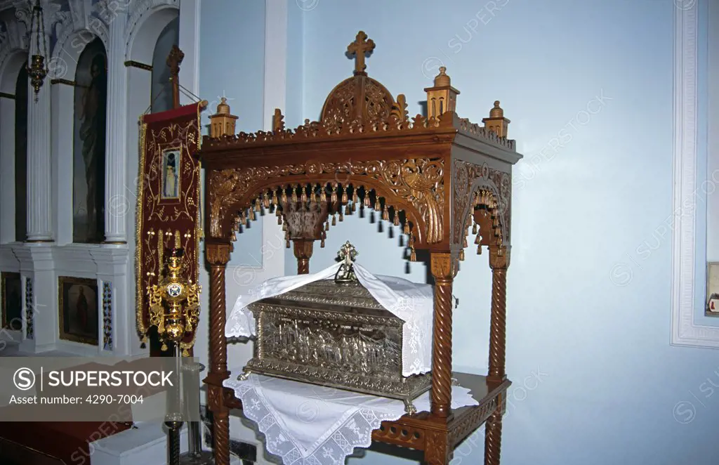 Sotiris Church, silver box, ornate carved wooden furniture, Stavros, Ithaca, Greece