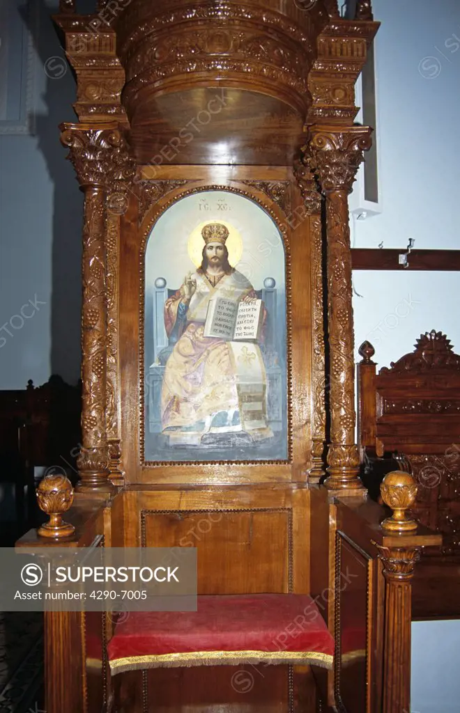 Sotiris Church, carved wooden ornate chair incorporating a painting, Stavros, Ithaca, Greece