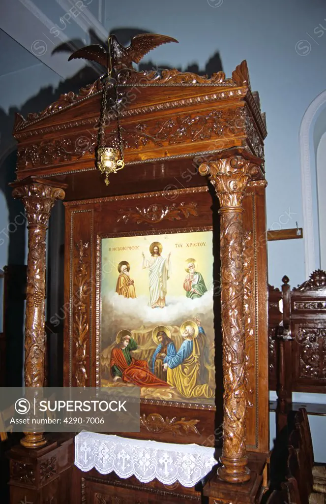 Sotiris Church, carved wooden ornate furniture incorporating a painting, Stavros, Ithaca, Greece