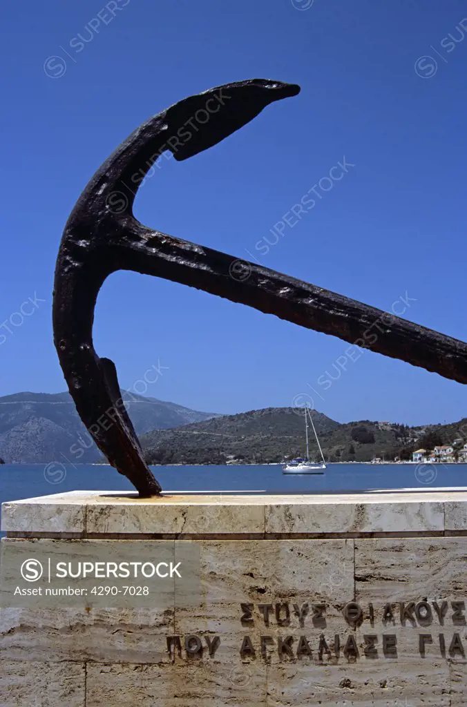 Anchor, tribute to those who have died at sea, and harbour, Vathi, Ithaca, Greece