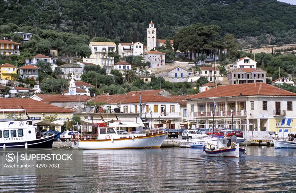 Boats in harbour and Vathi town behind, Vathi, Ithaca, Greece