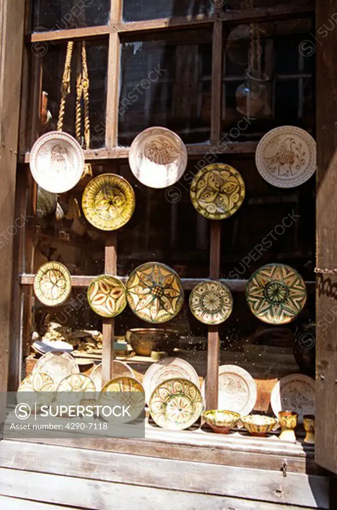 Traditional Bulgarian pottery on display outside gift and craft shop, Tryavna, Bulgaria