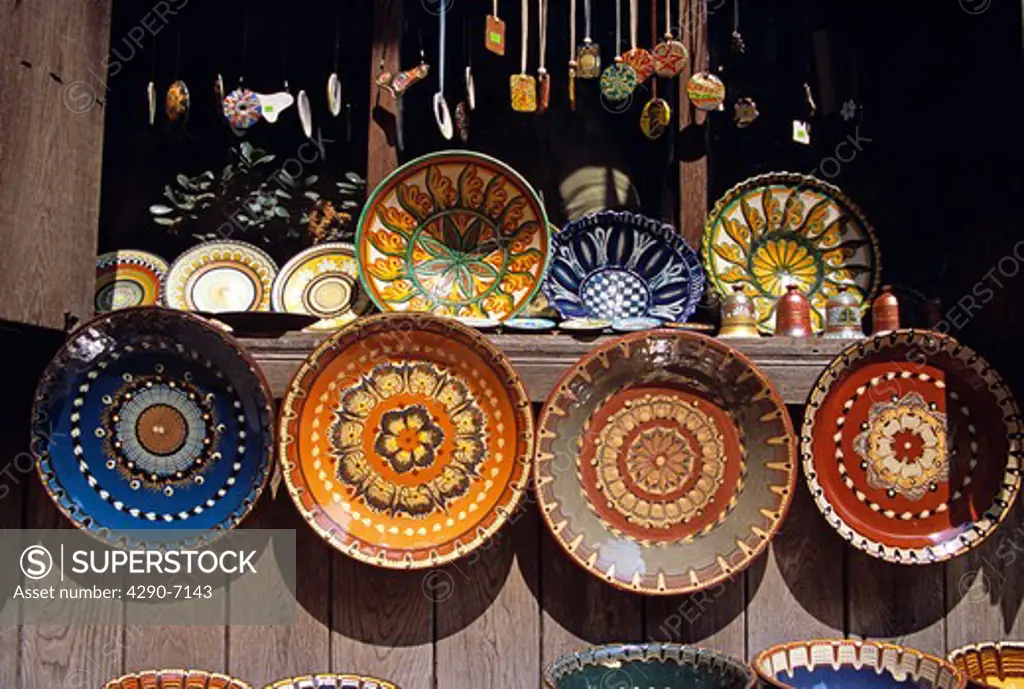 Traditional Bulgarian pottery on display outside gift and craft shop, Veliko Tarnovo, Bulgaria