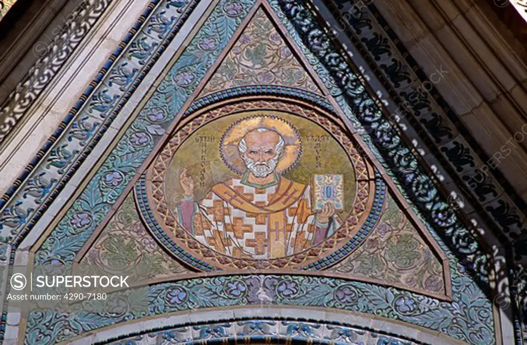 Saint Nikolai Russian Church, Sofia, Bulgaria, Colourful mosaic above entrance