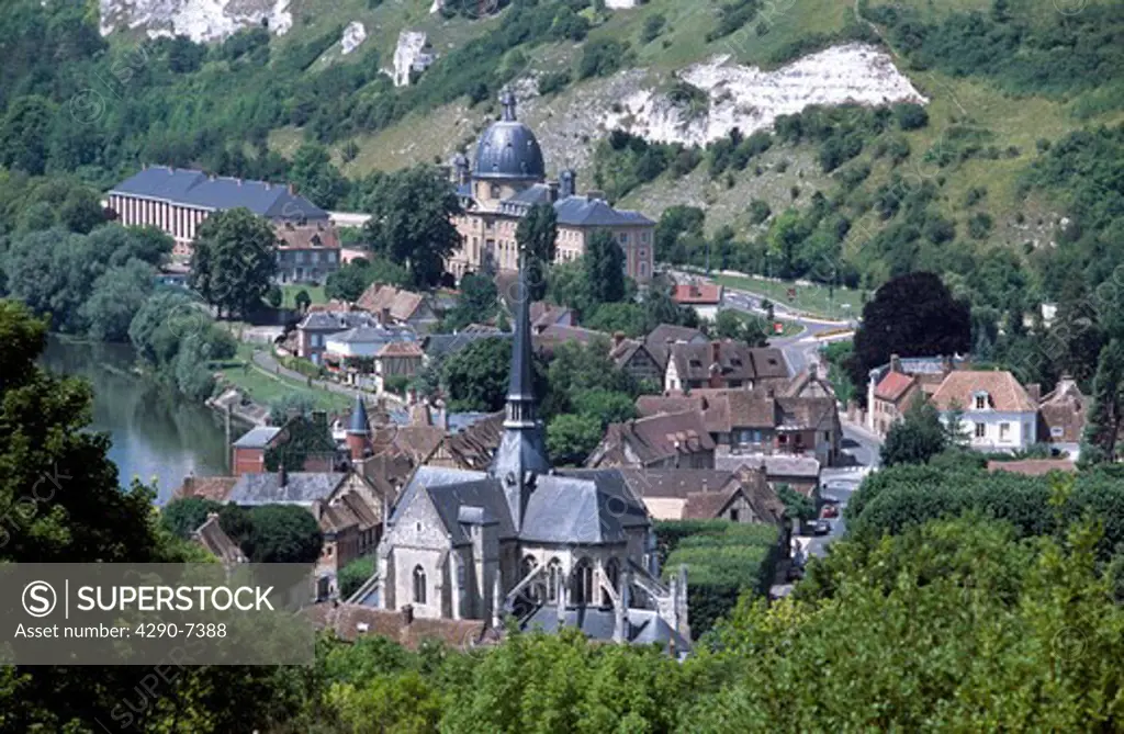 Saint Sauveur Church and town, Petit Andely, Les Andelys, River Seine, Normandy, France, from Chateau Gaillard