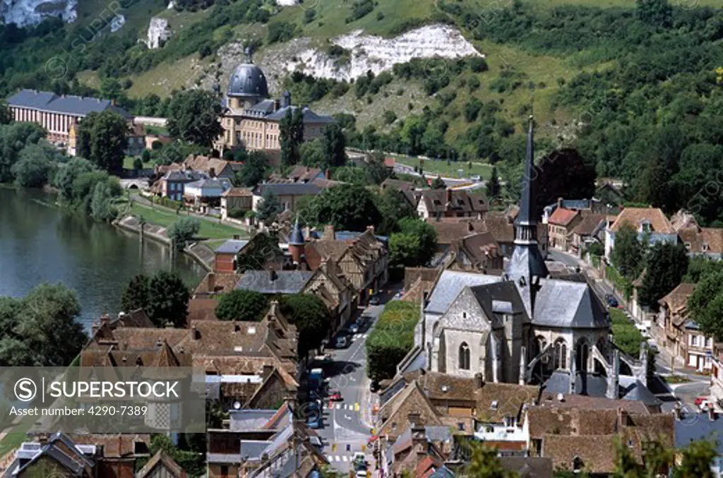 Saint Sauveur Church and town, Petit Andely, Les Andelys, River Seine, Normandy, France, from Chateau Gaillard