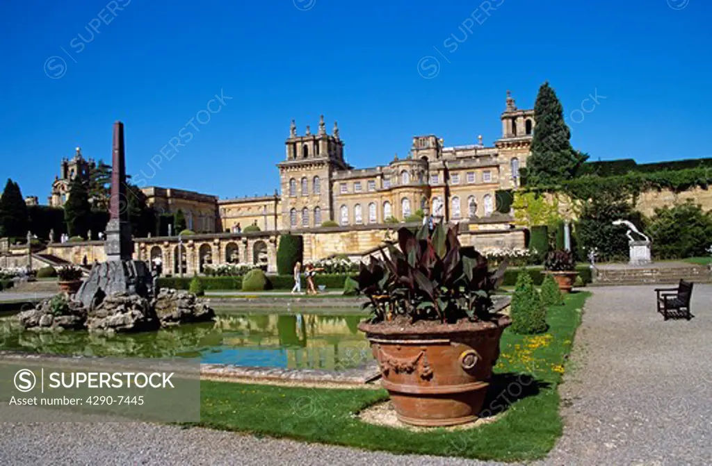 Blenheim Palace, Woodstock, near Oxford, Oxfordshire, England. View from lower water terrace