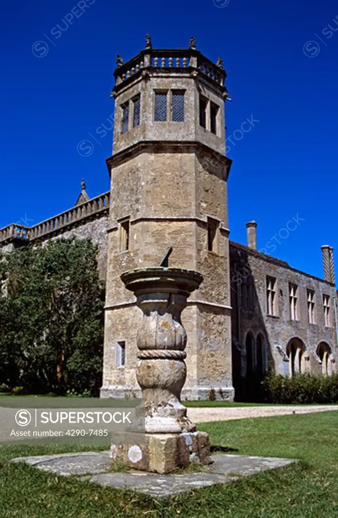 Lacock Abbey, Lacock, Wiltshire, England. Sundial and Abbey.