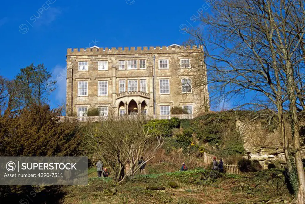 Tudor Hunting Lodge and visitors, Newark Park, Gloucestershire, England