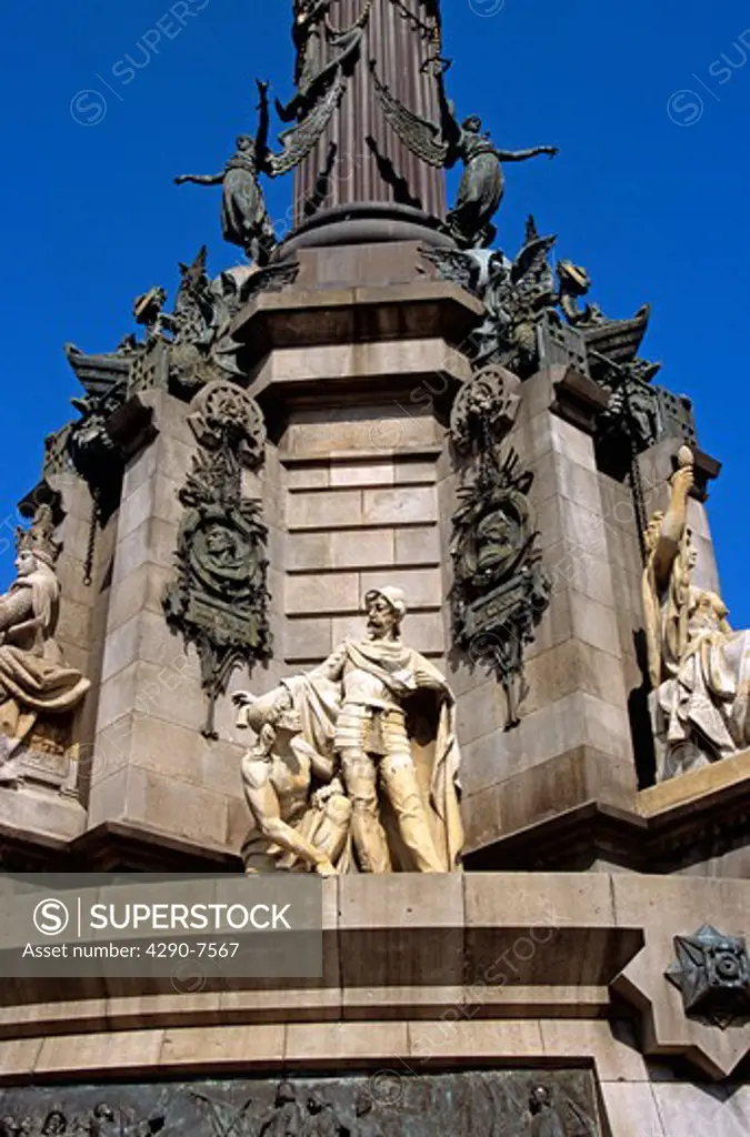 Monument a Colom, Christopher Columbus Monument, statues on monument, La Rambla, Barcelona, Spain
